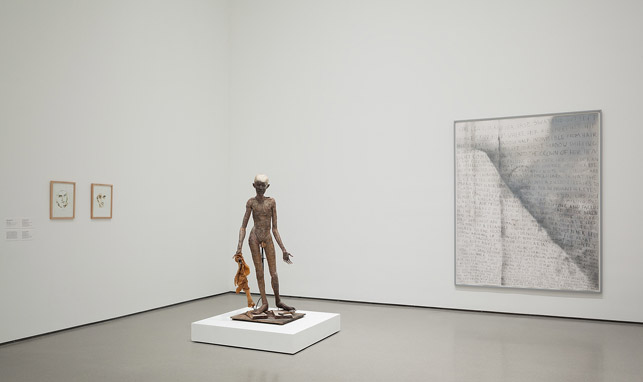 Installation view of Gallery 11 in MoMA's second-floor Contemporary Galleries. Shown: Pawel Althamer. Bruno. 1998-2012. Grass, cow intestines, plaster, color threads, wood, metal, and hammer. Gift of the Speyer Family Foundation. Photo © 2013 Jonathan Muzikar