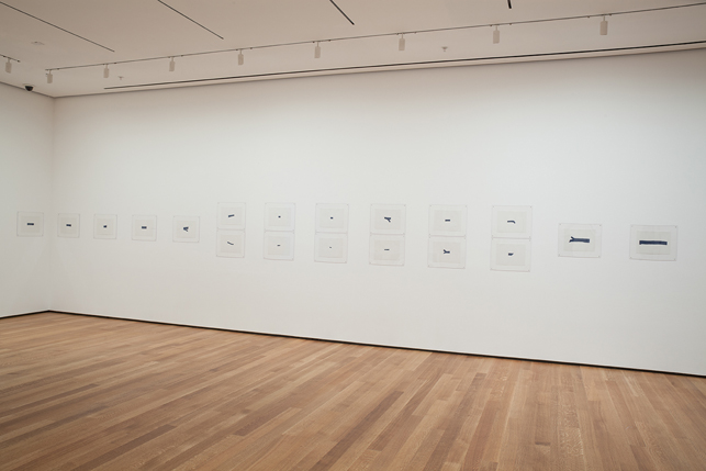 Installation view of the exhibition A Trip from Here to There at MoMA. Shown: Jorge Macchi.  32 Morceaux d'eau. 1994. Gouache on paper, each 9 3/8 x 12 5/8" (23.8 x 32.1 cm).  The Museum of Modern Art, New York. Purchased with funds provided by The Edward John Noble Foundation. © 2013 Jorge Macchi. Photo: John Wronn