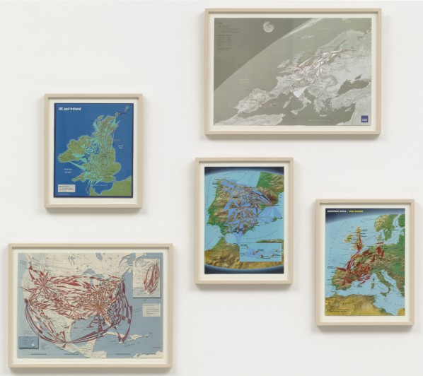 Mona Hatoum. Routes II. 2002. Colored ink and gouache on five maps, installation: 35 1/2 x 42 x 1" (90.2 x 106.7 x 2.5 cm). The Judith Rothschild Foundation Contemporary Drawings Collection Gift. © 2013 Mona Hatoum 
