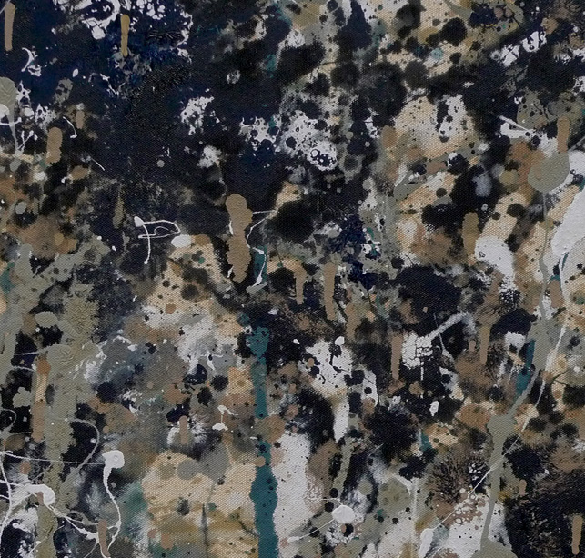 A series of uniform, brown drips deliberately follows a black passage of paint