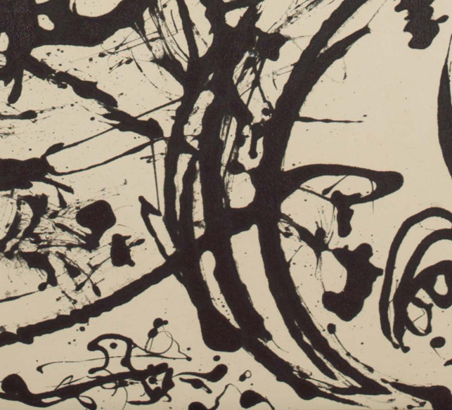  Viewed from the front, the lines of paint exhibit a pulsating quality: the result of Pollock’s tools and technique