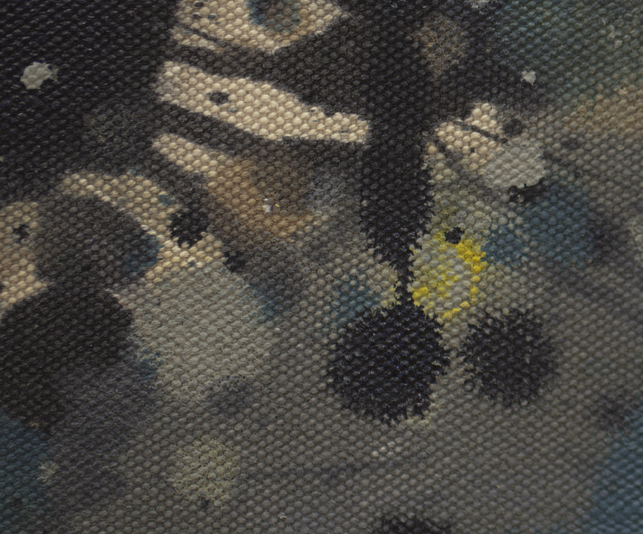 The few, scattered spots of bright yellow artist’s oil paint stand out against One’s subdued palette of enamel paints
