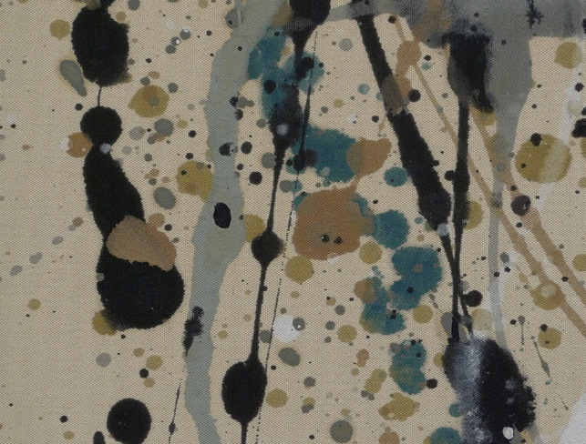 Pollock thinned his paints to achieve a range of consistency. Here, dilute paints seep into the canvas, staining it with pigment