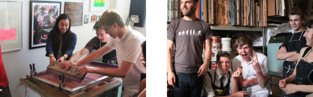 From left: Pulling a screen at Bushwick Print Lab; Taking a break from the rigors of screen-printing