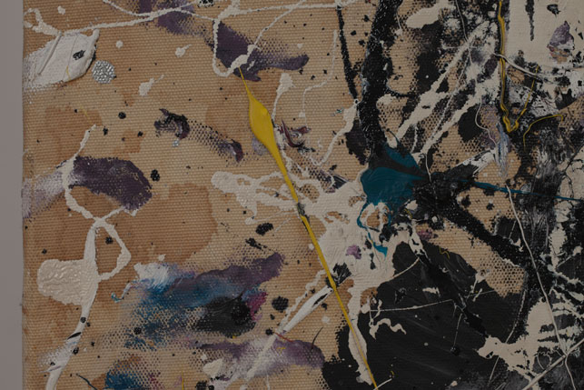Blotchy staining disfigures areas of exposed canvas. Also note the disrupted skeins of yellow and white paint. Tenuously held bits of paint, made brittle by heat exposure, have been lost over the years