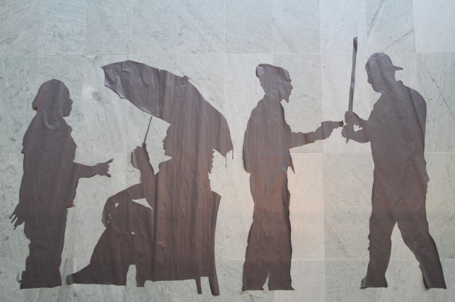 Arranging the silhouettes on the floor, and deciding upon our final "narrative" 