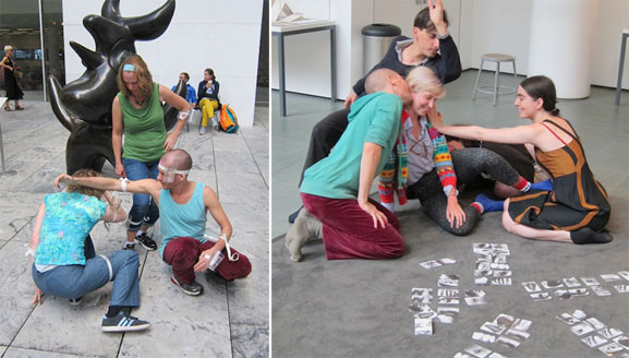 From left: Playing Polvo with Michel Groisman at MoMA Studio: Breathe with Me; Playing Sirva-Se in MoMA's Sculpture Garden with Michel Groisman. Photos by Sarah Kennedy
