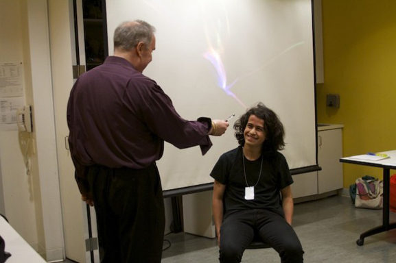Nicolas laughing at the flashing pen
