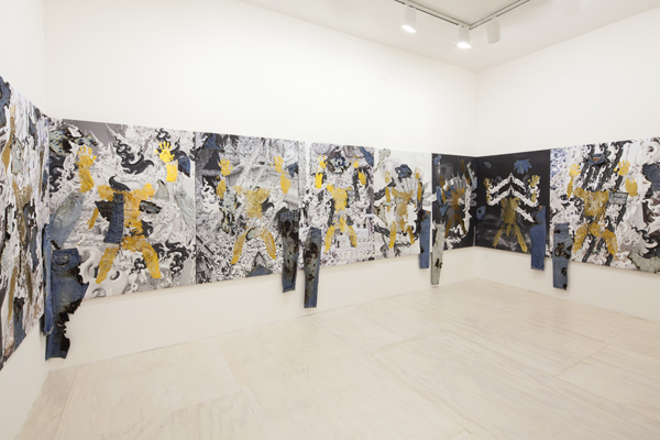 Korakrit Arunanondchai, Untitled (White Temple Paintings), 2013. Installation view of Korakrit Arunanondchai at MoMA PS1, 2014. © 2014 MoMA PS1.  Photo: Matthew Septimus