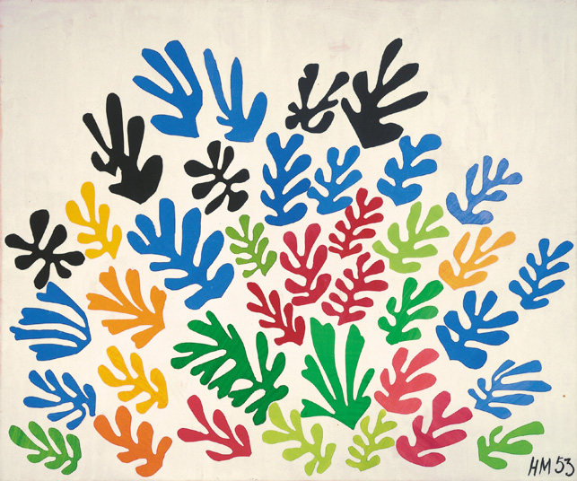 Henri Matisse (French, 1869-1954). The Sheaf (La Gerbe), 1953. Maquette for ceramic (realized 1953). Gouache on paper, cut and pasted, on paper, mounted on canvas. 115 ¾ x 137 ¾” (294 x 350 cm). Collection University of California, Los Angeles. Hammer Museum. Gift of Mr. and Mrs. Sidney F. Brody. © 2014 Succession H. Matisse/Artists Rights Society (ARS), New York