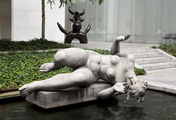  Shown, from back: Joan Miró. Moonbird. 1966. Bronze, 7' 6" x 6' 6" x 57" (228.5 x 198.2 x 144.9 cm). Nina and Gordon Bunshaft Bequest. © 2012 Successió Miró/Artists Rights Society (ARS), New York/ADAGP, Paris; Aristide Maillol. The River. Begun 1938–39; completed 1943 (cast 1948). Lead, 53 3/4" x 7' 6" x 66" (136.5 x 228.6 x 167.7 cm), on lead base designed by the artist 9 3/4 x 67 x 27 3/4" (24.8 x 170.1 x 70.4 cm). Printer: Alexis Rudier. Mrs. Simon Guggenheim Fund. © 2012 Artists Rights Society (ARS), New York/ADAGP, Paris 