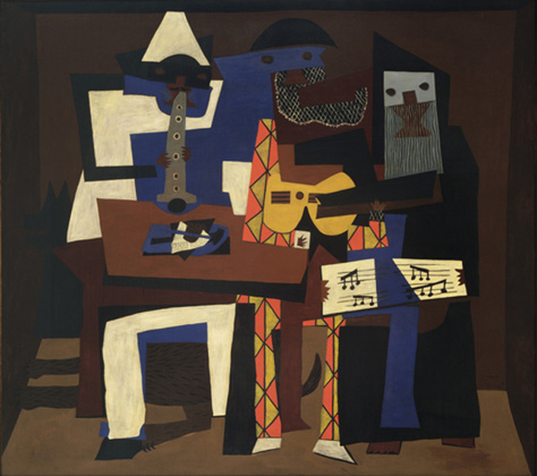 Pablo Picasso. Three Musicians. 1921. Oil on canvas, 6' 7" x 7' 3 3/4" (200.7 x 222.9 cm). The Museum of Modern Art, New York. Mrs. Simon Guggenheim Fund. © 2014 Estate of Pablo Picasso/Artists Rights Society (ARS), New York