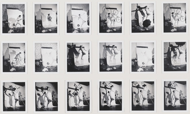 Lucas Samaras. Auto Polaroid. 1969–71. Eighteen black-and-white instant prints (Polapan), with hand-applied ink, each 3 3/4 x 2 15/16″ (9.5 x 7.4 cm), overall 14 5/8 x 24″ (37.2 x 61 cm). The Museum of Modern Art, New York. Gift of Robert and Gayle Greenhill. © 2014 Lucas Samaras. On view in A World of Its Own: Photographic Practices in the Studio