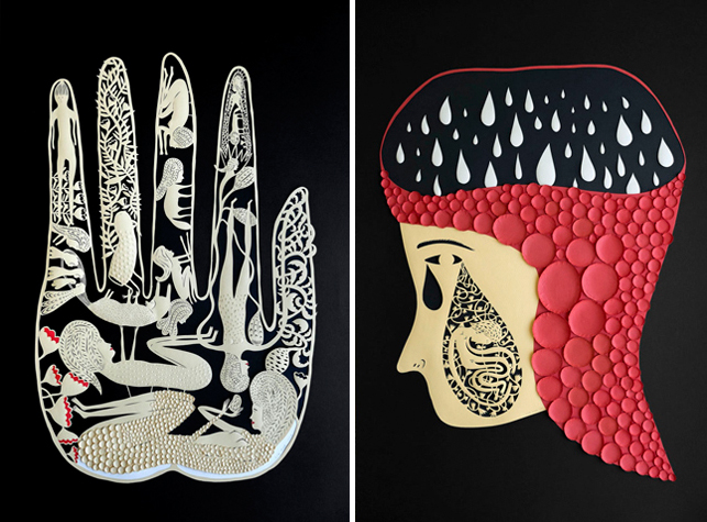 Elsa Mora's The Search (left) and Teardrop (right), created for a group exhibition at the Racine Art Museum. © 2014 Elsa Mora