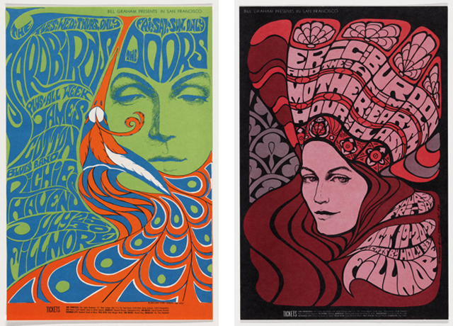 Bonnie Maclean. The Yardbirds, The Doors. 1967. Offset lithograph, 21 1/4 x  14" ( 54 x  35.5 cm). Purchase; Bonnie Maclean. Eric Burdon and the Animals, Mother Earth, Hour Glass. 1967. Lithograph, 21 X 14. Gift of the designer