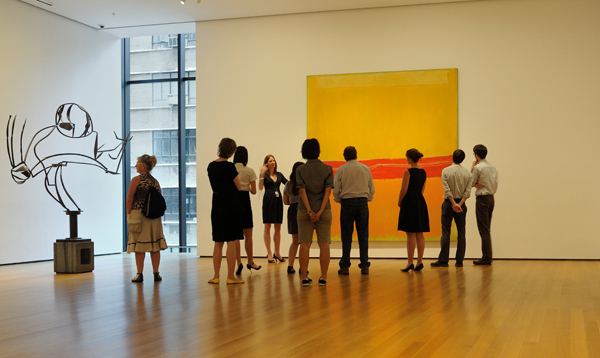 Shown, from left: David Smith. Australia. 1951. Painted steel on cinder block base, 6' 7 1/2" x 8' 11 7/8" x 16 1/8" (202 x 274 x 41 cm), on cinder block base 17 1/2 x 16 3/4 x 15 1/4" (44.5 x 42.5 x 38.7 cm). The Museum of Modern Art. Gift of William Rubin; Mark Rothko. No. 5/No. 22. 1950 (dated on reverse 1949). Oil on canvas, 9' 9" x 8' 11 1/8" (297 x 272 cm). The Museum of Modern Art, New York. Gift of the artist. © 1998 Kate Rothko Prizel & Christopher Rothko/Artists Rights Society (ARS), New York. Photo: Martin Seck