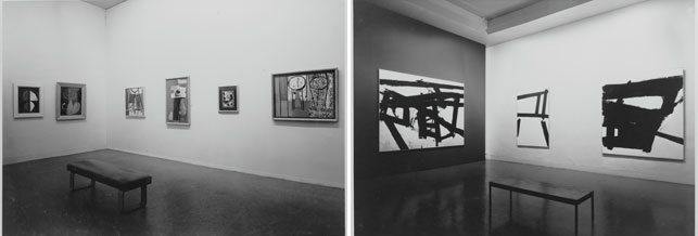 From left: installation view of the exhibition Fourteen Americans, The Museum of Modern Art, New York, September 10–December 8, 1946. The Museum of Modern Art Photographic Archive. The Museum of Modern Art Archives. Photo: Soichi Sunami; installation view of the exhibition Twelve Americans, The Museum of Modern Art, New York, May 30–September 8, 1956. The Museum of Modern Art Photographic Archive. The Museum of Modern Art Archives. Photo: Soichi Sunami