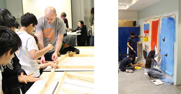 Right: Students building the frames; Left: Students in second phase of painting