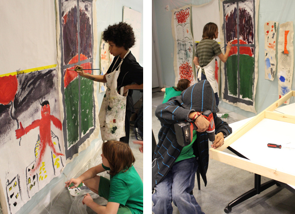 Right: Students looking and painting; Left: A student drilling