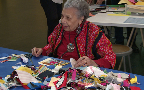 Vivian at MoMA Studio making a fabric collage inspired by the work of Henri Matisse. Photo: TK