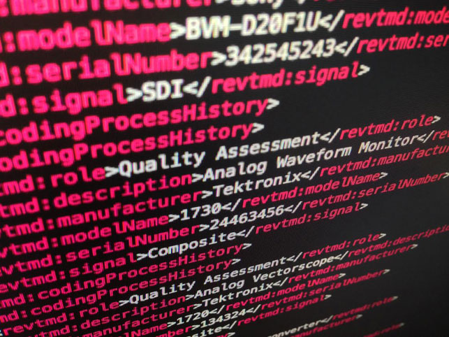 Example of a process history record, written in XML. The tags, in pink, explain what each piece of data is describing. The “revtmd” prefix in each tag refers to the metadata standard, the National Archives’ reVTMD, being used to organize this record. Photo: Peter Oleksik