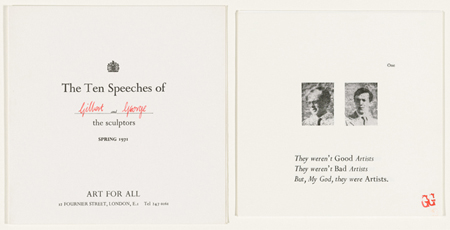 Gilbert & George. The Ten Speeches. 1971. Ten letterpress and relief halftones with letterpress cover. The Museum of Modern Art, New York. Gift of Art & Project/Depot VBVR. © 2015 Gilbert & George