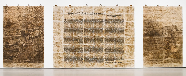 Gilbert & George. To Be With Art Is All We Ask…. 1970. Three-part Charcoal on Paper Sculpture composed of charcoal and wash on partially charred sheets of paper in cardboard box. The Museum of Modern Art, New York. Purchase. © 2015 Gilbert & George