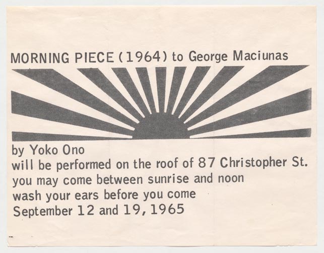 Announcement for Yoko Ono’s Morning Piece (1964) to George Maciunas. 1965. Designed by George Maciunas. Offset, sheet 8 9⁄16 x 11" (21.8 x 27.9 cm). The Museum of Modern Art, New York. The Gilbert and Lila Silverman Fluxus Collection, 2008. © 2015 Yoko Ono