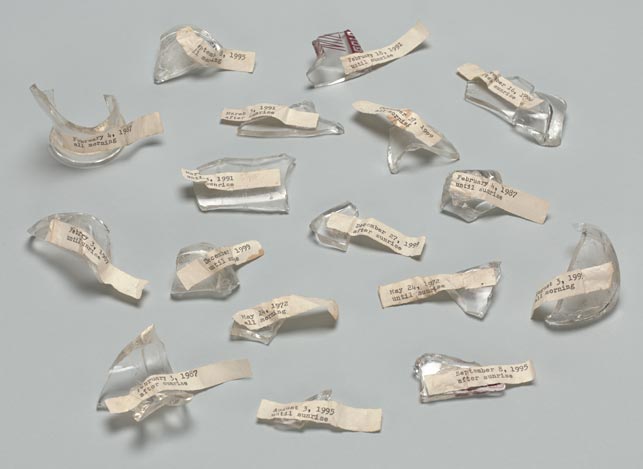 Yoko Ono. Morning Piece. 1964. Glass, paper, ink, and glue, dimensions vary. Private collection. © 2015 Yoko Ono