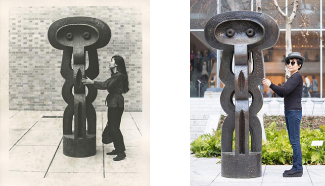 Left: Yoko Ono with Figure (1926–30) by Jacques Lipchitz, The Museum of Modern Art Sculpture Garden, New York. c. 1960–61. Photograph by Minoru Niizuma. © Minoru Niizuma. Courtesy Lenono Photo Archive, New York; Right: Yoko Ono with Figure (1926–30) by Jacques Lipchitz, The Museum of Modern Art Sculpture Garden, New York. Photograph by Kishin Shinoyama. Courtesy Lenono Photo Archive, New York. © 2015 Yoko Ono