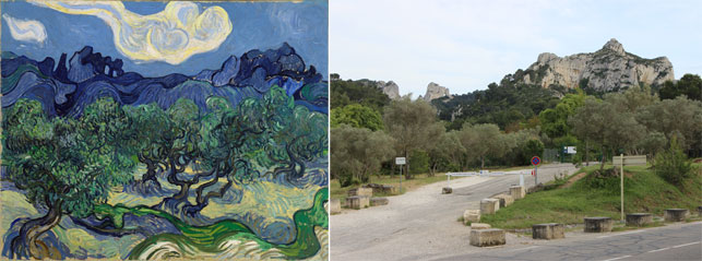 From left: Vincent van Gogh. The Olive Trees. Saint Rémy, June-July 1889. Oil on canvas. 28 5/8 x 36" (72.6 x 91.4 cm). Mrs. John Hay Whitney Bequest; View from across the street from where The Olive Trees and the entrance to Saint-Paul. Photo by Alex Roediger