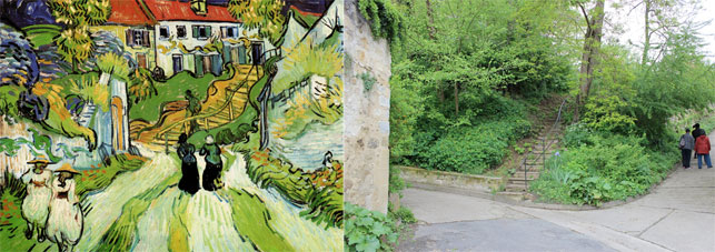 From left: Vincent van Gogh. Stairway at Auvers . July 1890. Oil on canvas, 19 11/16 x 27 3/4" (50 x 70.5 cm). Saint Louis Art Museum. Purchase; The stairs today. Photo by Alex Roediger