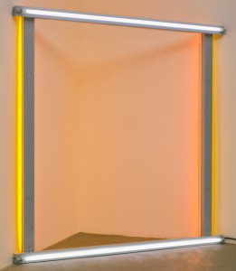 Dan Flavin. untitled (to the "innovator" of Wheeling Peachblow). 1968. Fluorescent lights and metal fixtures, 8' 1/2" x 8' 1/4" x 5 3/4" (245 x 244.3 x 14.5 cm). Helena Rubinstein Fund.