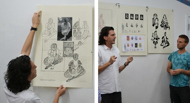 Left: McGinness shows his drawings for the series Mother and Child; right: McGinness and Hougentalk about the printing process