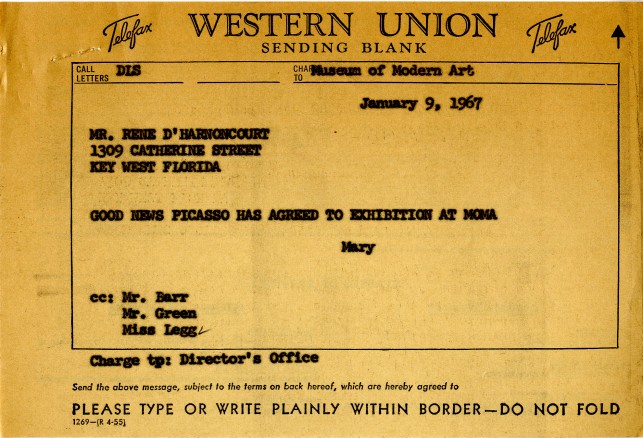 The fateful telegram from Mary Colonna to René d’Harnoncourt. The Museum of Modern Art Exhibition Records, 841.12. The Museum of Modern Art Archives, New York