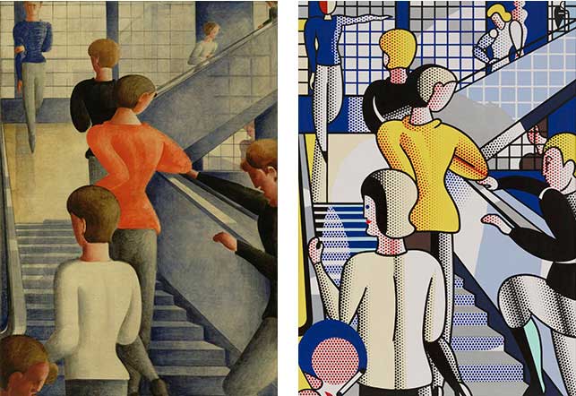 From left: Oskar Schlemmer (German, 1888-1943). Bauhaus Stairway. 1932. Oil on canvas, 63 7/8 x 45" (162.3 x 114.3 cm). The Museum of Modern Art, New York. Gift of Philip Johnson; Roy Lichtenstein (American, 1923-1997). Bauhaus Stairway. 1988. Oil and magna on canvas, 7' 10" x 66" (238.8 x 167.7 cm). The Museum of Modern Art, New York. Gift of Dorothy and Roy Lichtenstein