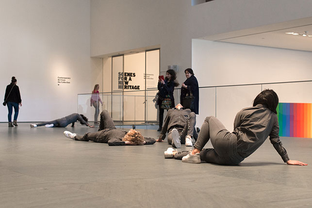 Maria Hassabi. PLASTIC. 2015. Installation view, The Museum of Modern Art, February 21–March 20, 2016. Pictured: Maria Hassabi, Oisín Monaghan, Molly Lieber, Hristoula Harakas. Photo: Thomas Poravas. © Maria Hassabi