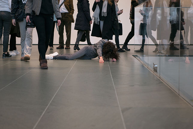 Maria Hassabi. PLASTIC. 2015. Installation view, The Museum of Modern Art, February 21–March 20, 2016. Pictured: Maria Hassabi. Photo: Thomas Poravas. © Maria Hassabi