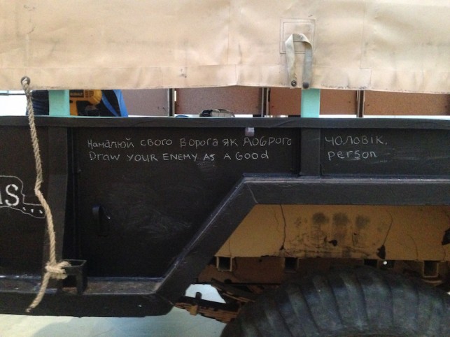 "Draw your enemy as a good person." One of the prompts that the group come up with for the installation. (Photo by Mary Mattingly)