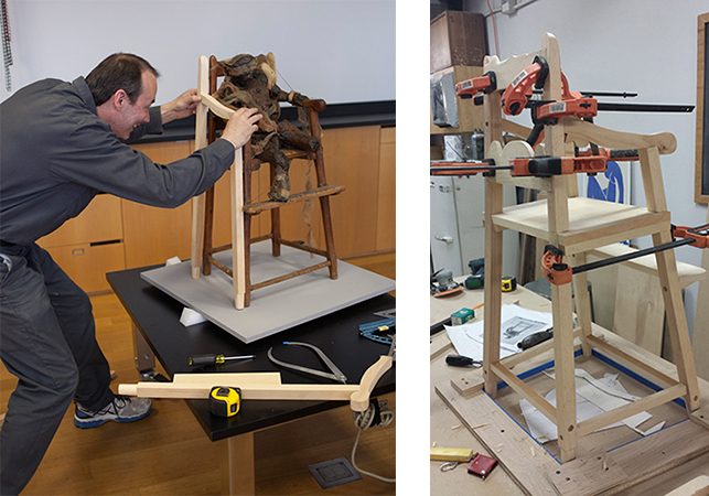 Left: MoMA carpenter John Wood taking measurements for the replica chair. Photo: Roger Griffith; Right: Replica chair during fabrication in MoMA’s woodshop