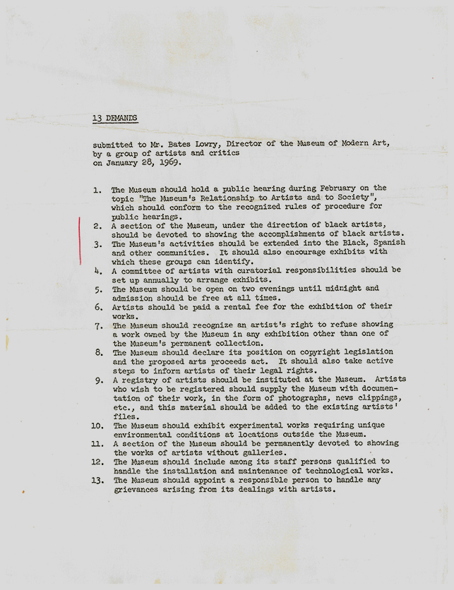 AWC “13 Demands.” Barr Papers, 1.489. MoMA Archives, NY