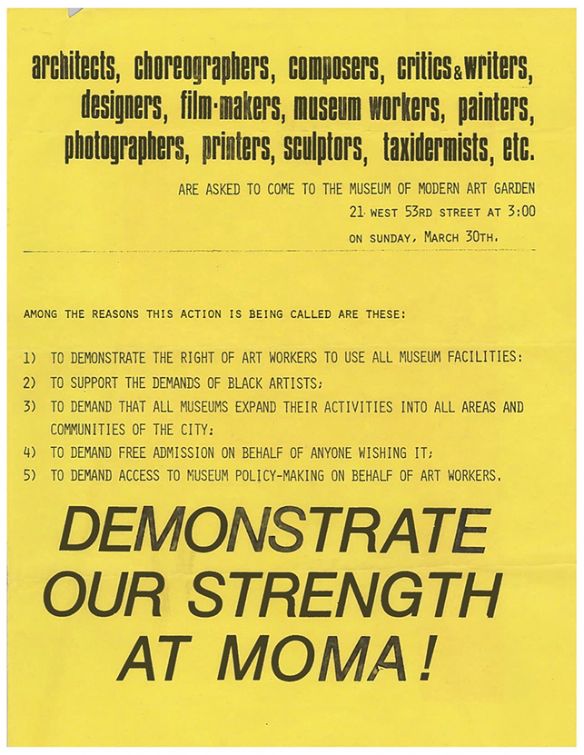 Flyer for demonstration on March 30, 1969. Alfred H. Barr, Jr Papers, 1.489. The Museum of Modern Art Archives, NY