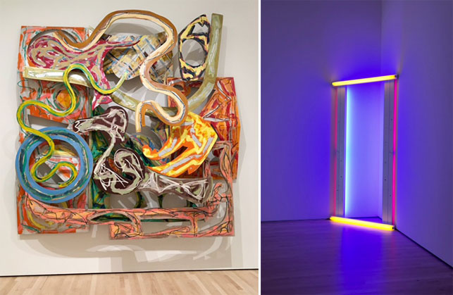 From left: Frank Stella. Kyalami. 1981; Dan Flavin. untitled (to Barnett Newman) two. 1971. Installation views, San Francisco Museum of Modern Art. Photo: Isabel Ross