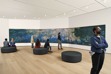 A view of the fifth-floor collection galleries. Shown: Claude Monet. Water Lilies. 1914–26. Oil on canvas, three panels. Mrs. Simon Guggenheim Fund. © 2022 The Museum of Modern Art, New York. Photo: Noah Kalina